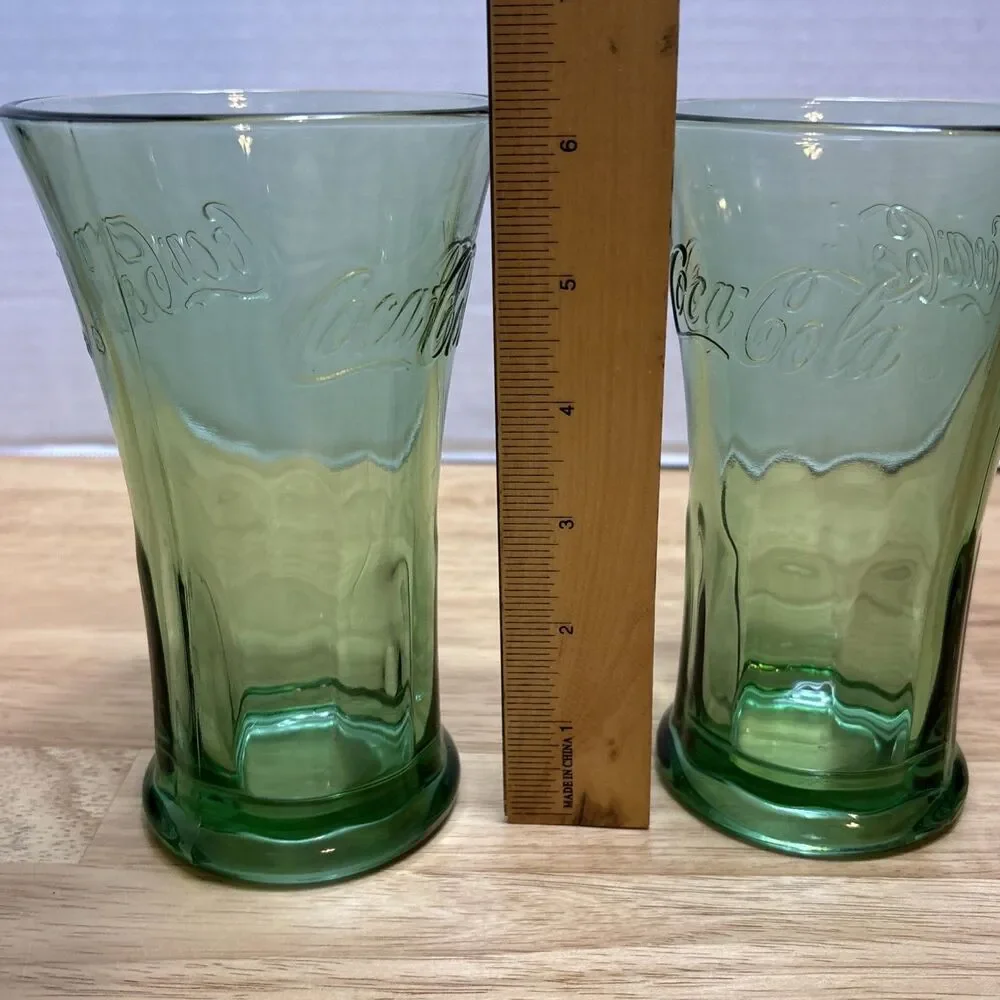 LIBBEY COCA COLA Flared Green Glass Tumblers Embossed 14oz Set of 2